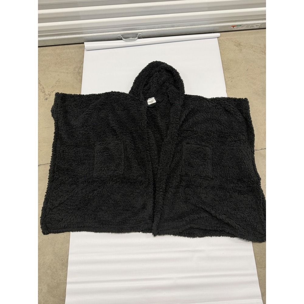 Black Sherpa Fleece Hooded Poncho Oversized Wrap with Pockets One Size